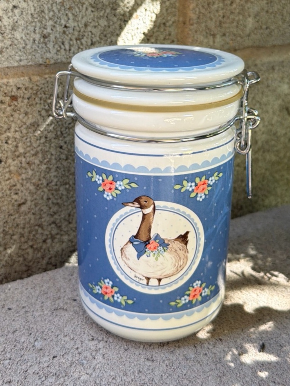 Vintage George Good Blue Decorative Goose Duck Canister - Ceramic Clip-Top Jar